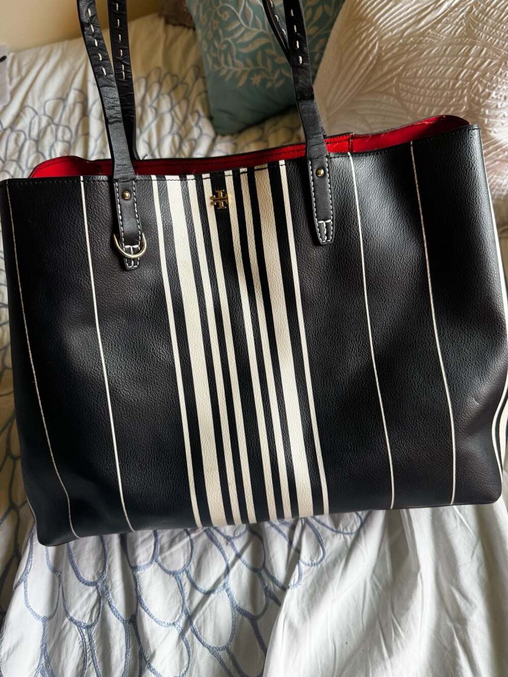 Tory Burch Black and White Striped Tote Bag - Picture 2 of 4